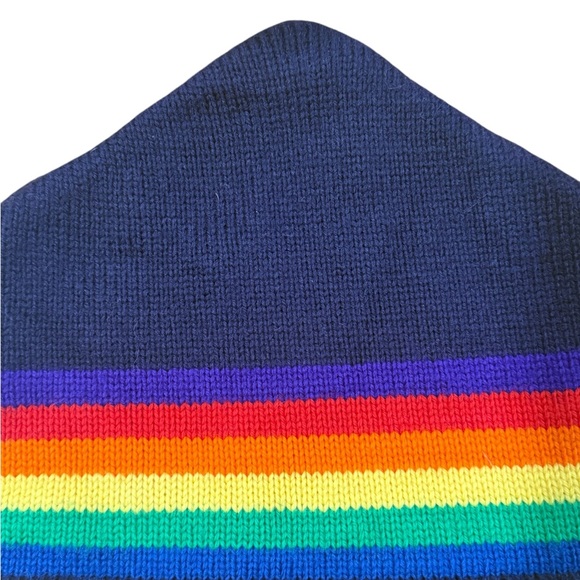 Vtg Retro Vermont Originals 100% Wool Hand Knit Winter Ski Beanie Navy Rainbow - Picture 2 of 5